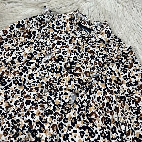 Maeve by Anthropologie Animal Print Ruffle Neck Button Front Blouse - Picture 2 of 7